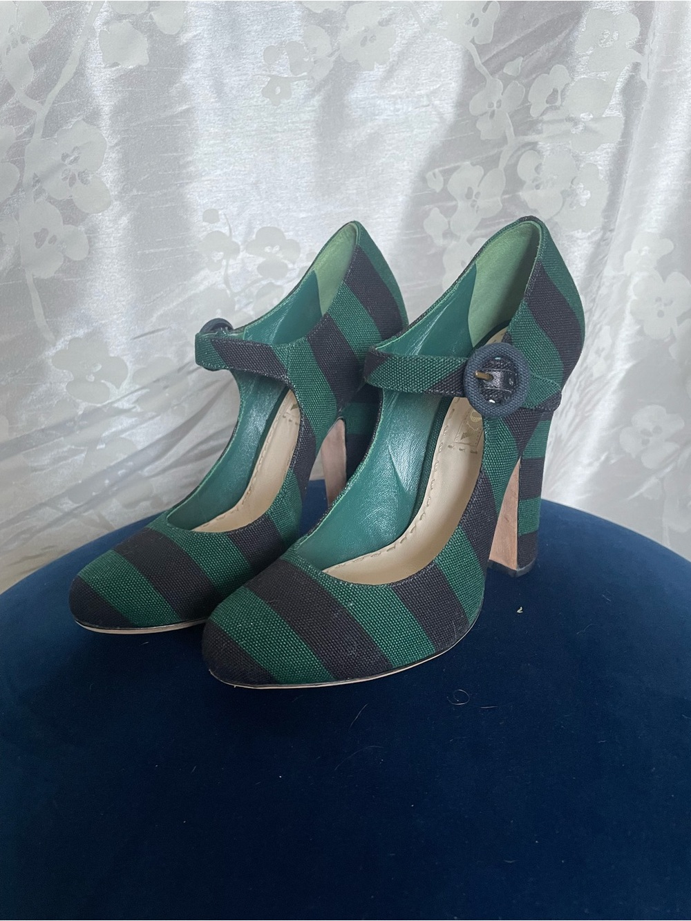 Prada Green and Black Striped Mary Jane Heels